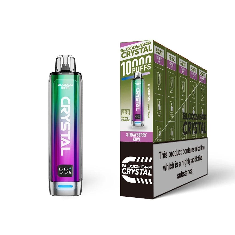 Bloody Bar Crystal 10k vape device in "Strawberry Kiwi" flavour with colourful packaging on a white background