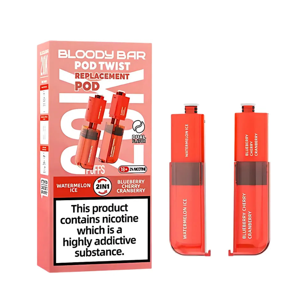 Bloody Bar pod twist replacement pod packaging with two pods watermelon ice/blueberry cherry cranberry on a white background