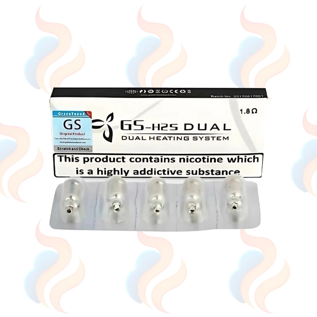 GS-H2S Dual heating system packaging with nicotine warning label on a white background