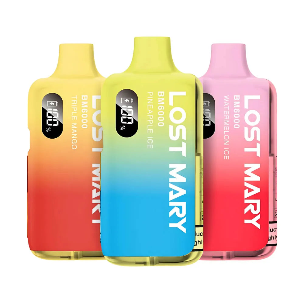 Three colourful vape devices with 'Lost Mary BM6000' branding on a white background