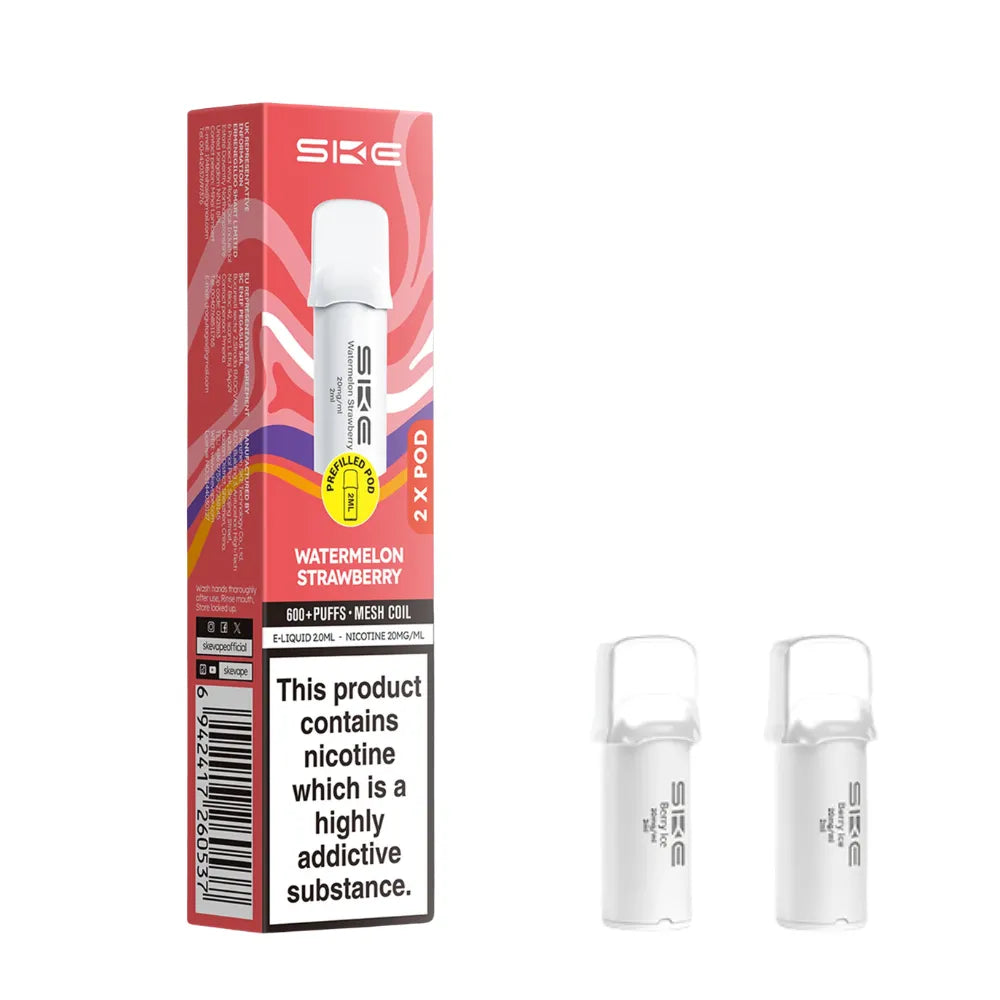 SKE pro 600 vape pods Watermelon Strawberry and packaging on a white background