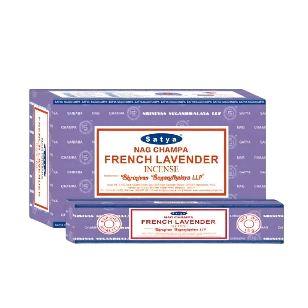 Box of 12pcs Nag Champa incense sticks in the scent "French Lavender" with branding on a white background