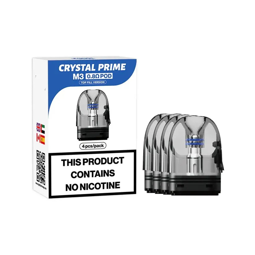 Crystal Prime M3 vape pod 0.8ohm packaging with four pods on a white background