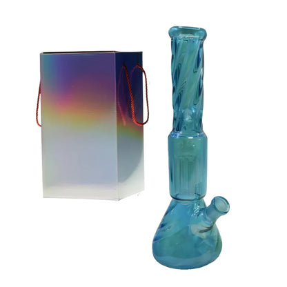 Blue glass water pipe with a gradient box in the background