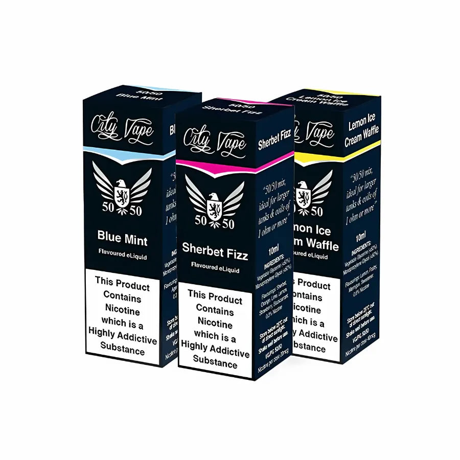 Three boxes of City Vape e-liquid with different flavors on a white background