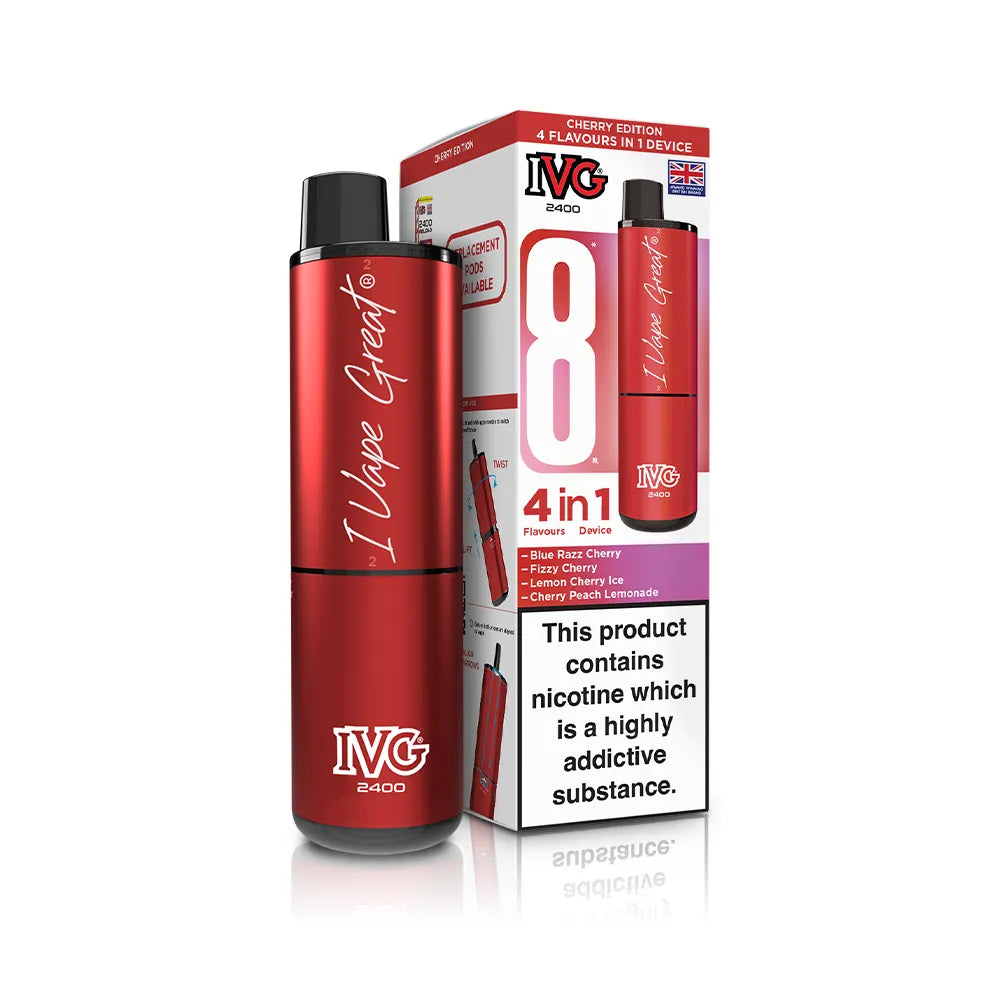 Red IVG vaping device and packaging on a white background