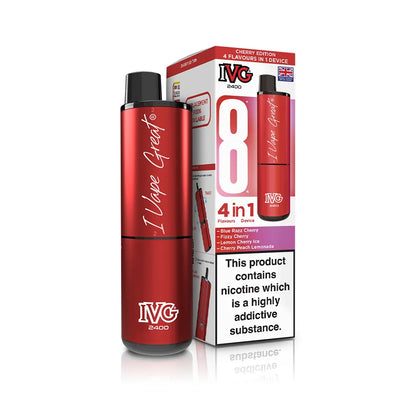 Red IVG vaping device and packaging on a white background
