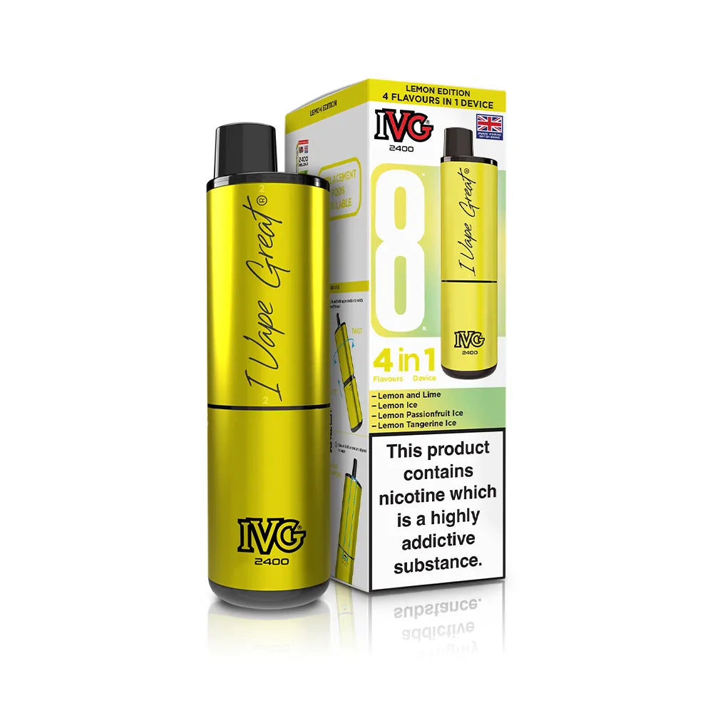 Yellow IVG vape device with packaging on a white background