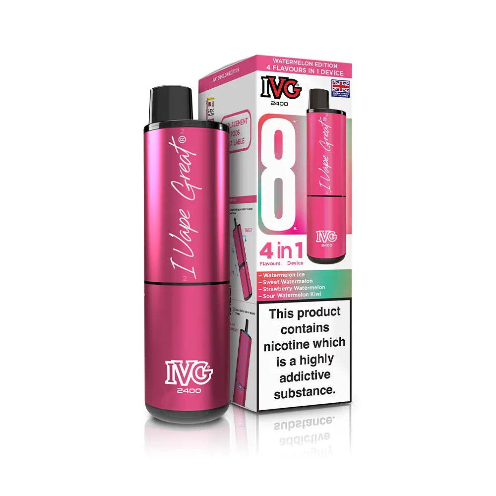 Pink IVG vape device with packaging on a white background
