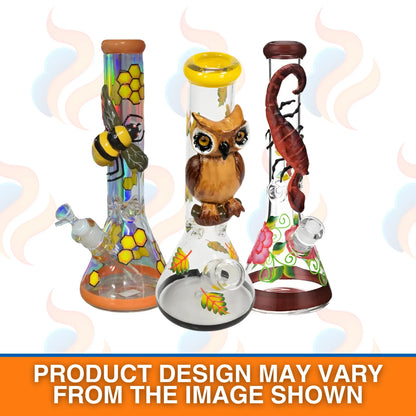 Three decorative glass bongs with animal-themed designs on a white background.