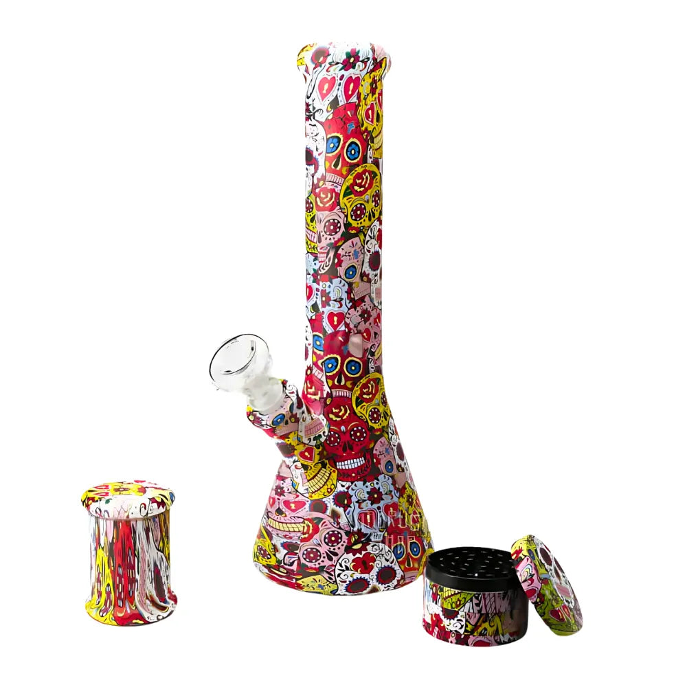 Colorful skull-patterned smoking accessory set on a white background