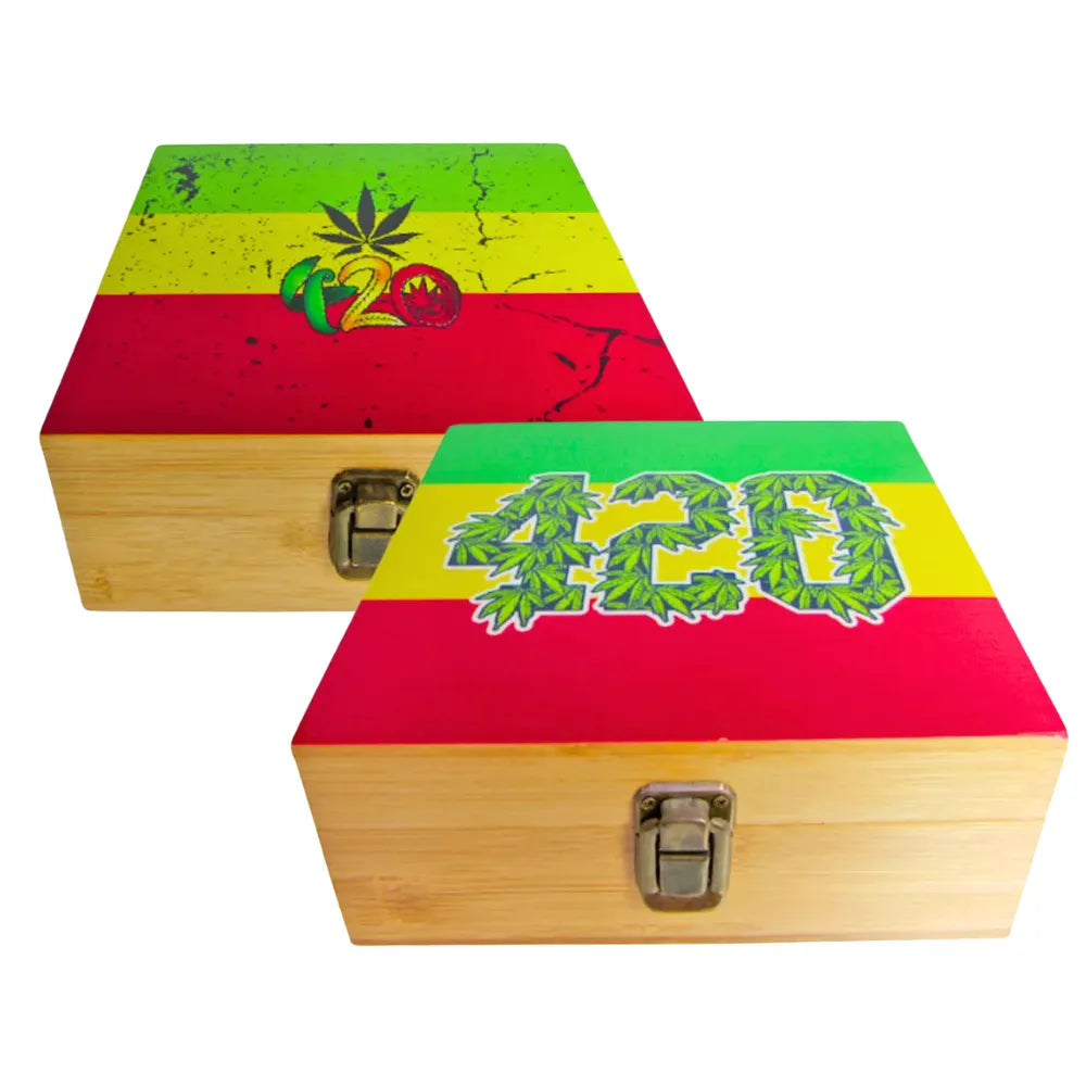 Wooden box with colourful design featuring the number 420 and cannabis leaves on a white background.