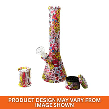Colourful skull-patterned smoking accessory set on a white background