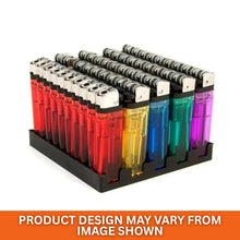 Set of 50 colourful lighters in a display case on a white background