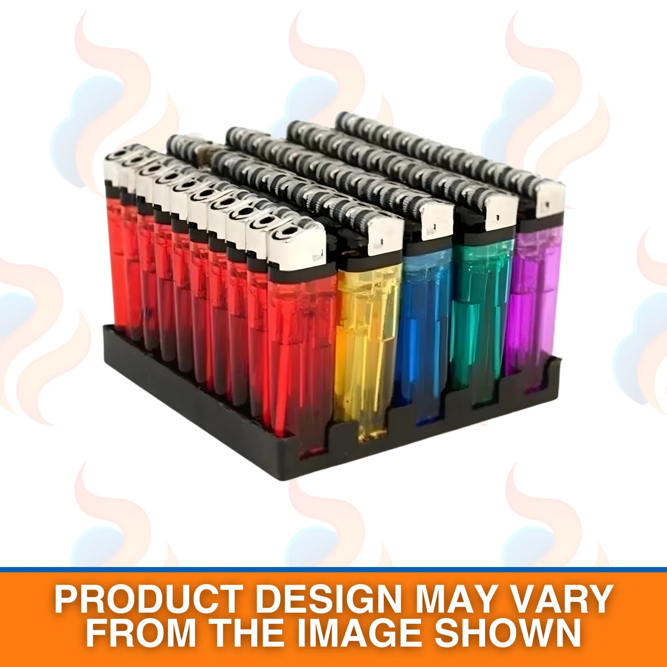 Set of 50 colourful lighters in a display case on a white background