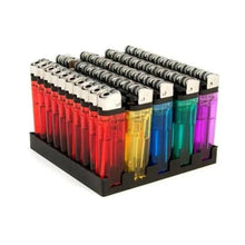 Set of colorful lighters in a display case on a white background