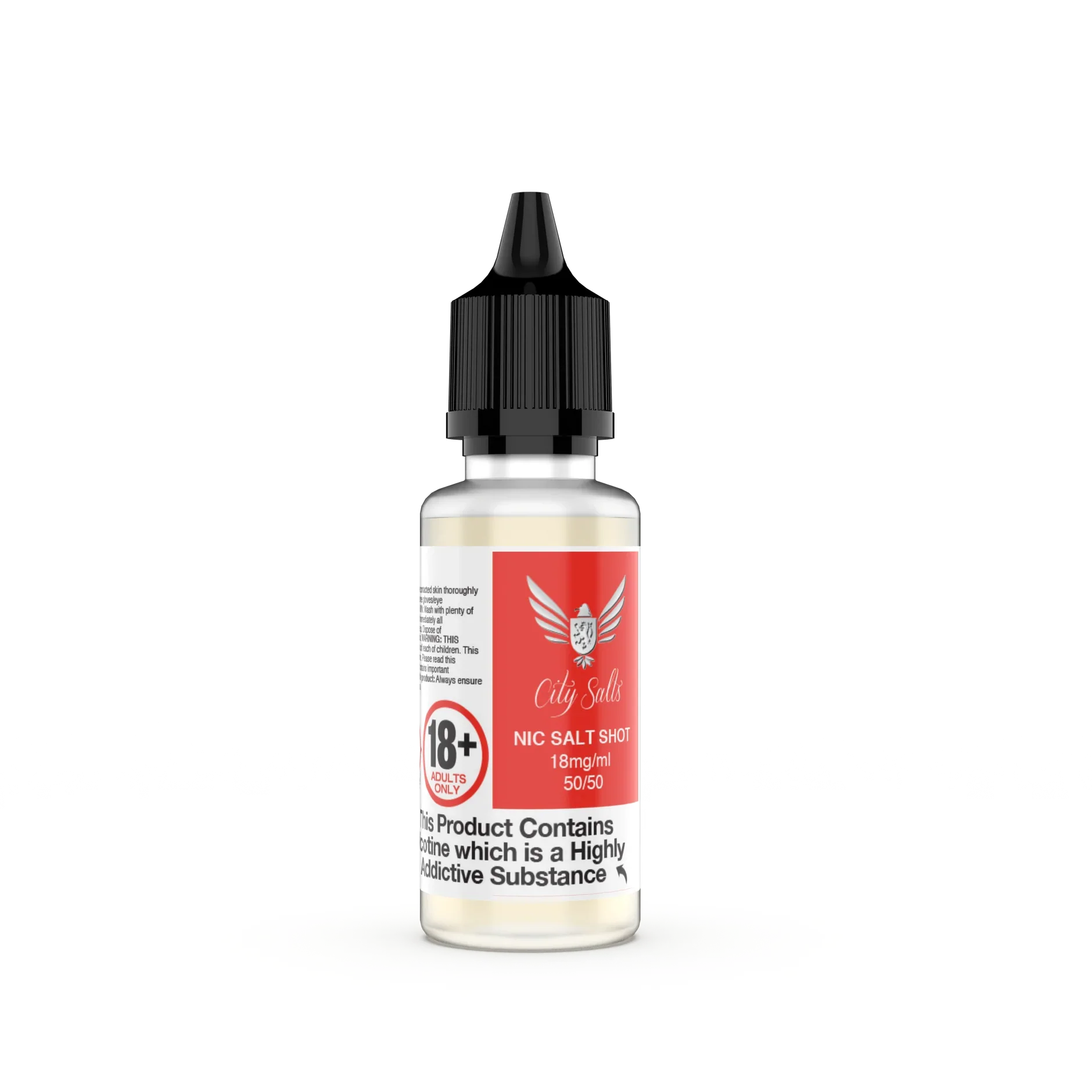 Bottle of City Salts nicotine salt e-liquid on a white background