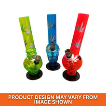 Three acrylic bongs in different colours on a white background.