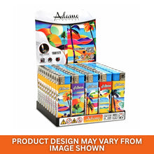 Display of Adamo electronic lighters with colourful packaging on a white background
