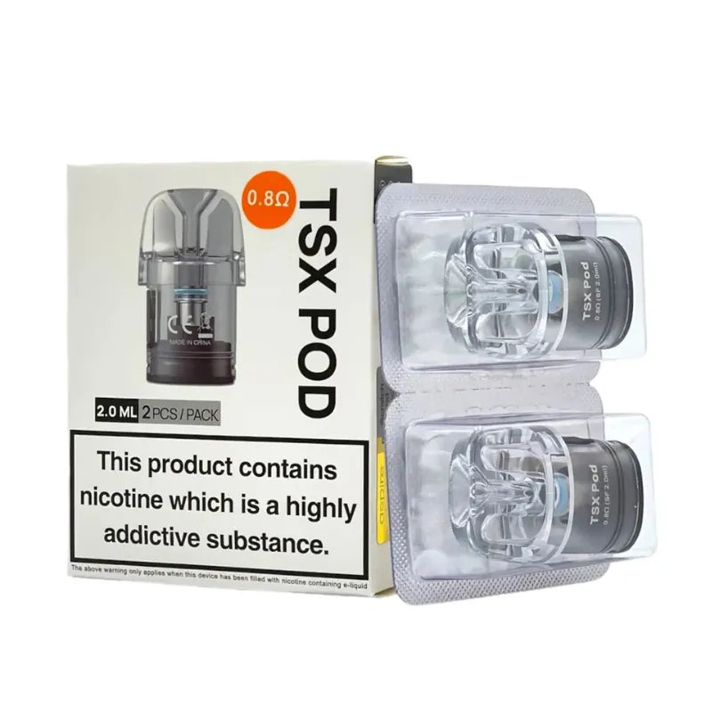 TSX Pod packaging with nicotine warning label on a white background
