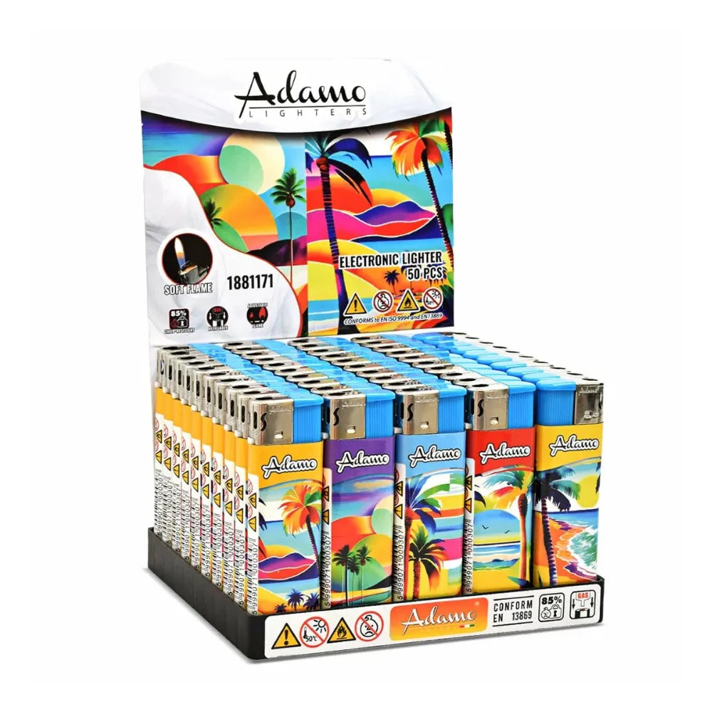 Display of Adamo electronic lighters with colourful packaging on a white background