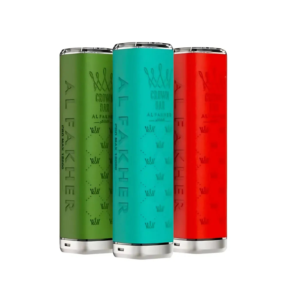 Three cylindrical containers in green, blue, and red with 'ALFAKHER' branding on a white background.