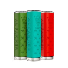 Three cylindrical containers in green, blue, and red with 'ALFAKHER' branding on a white background.