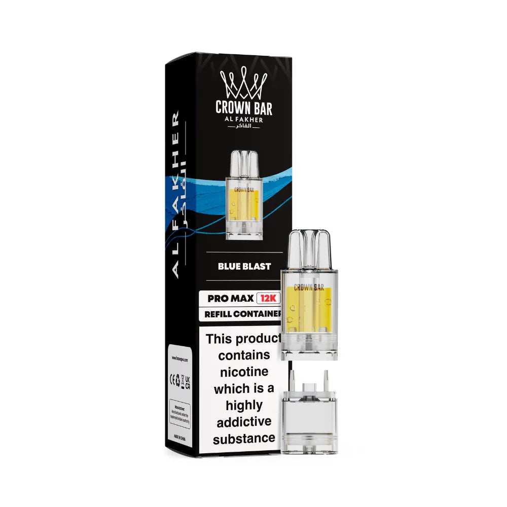 Al Fakher Crown Bar vape refills blue blast with packaging on a white background