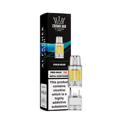 Al Fakher Crown Bar vape refills cold blue and packaging on a white background