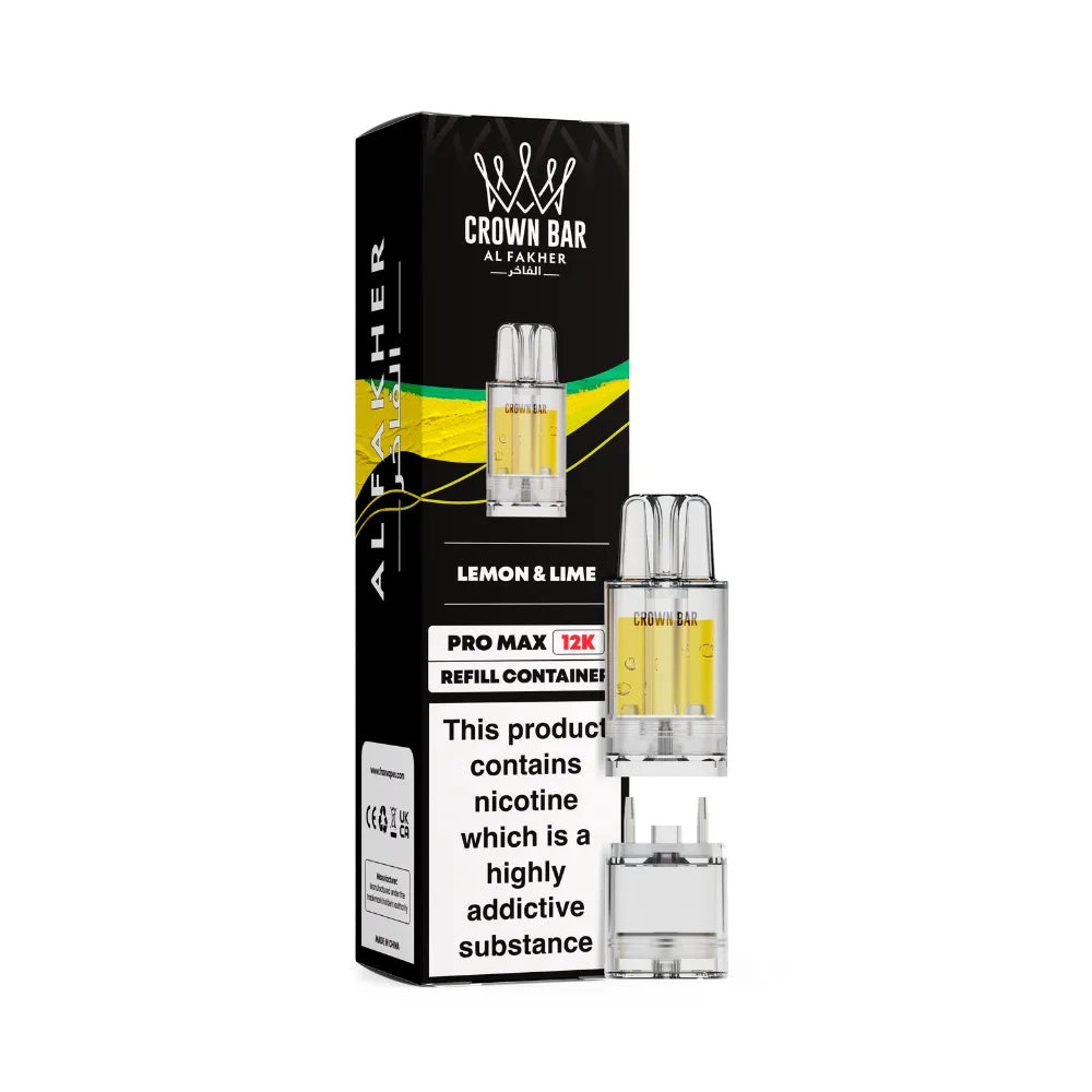 Al Fakher Crown Bar lemon and lime vape refills with packaging on a white background