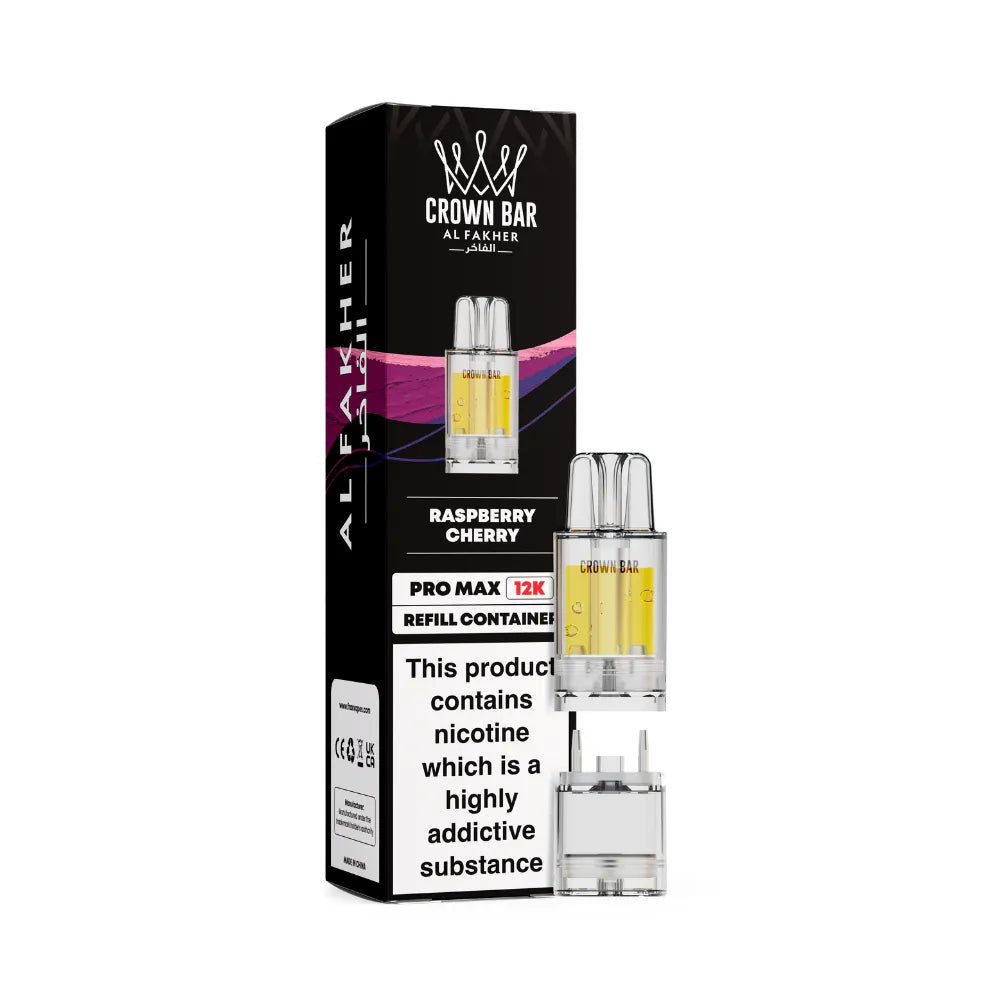 Al Fakher Crown Bar raspberry cherry vape refills with packaging on a white background