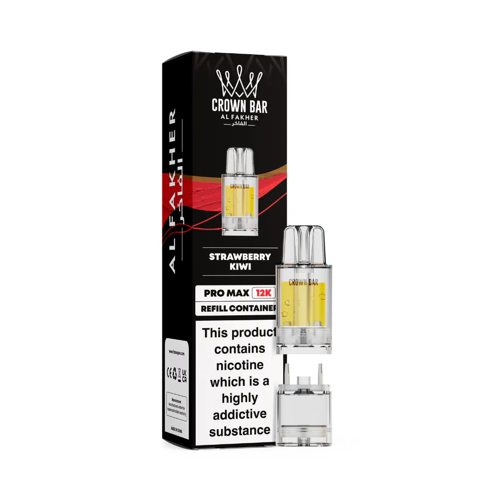 Al Fakher Crown Bar strawberry kiwi vape refills with packaging on a white background