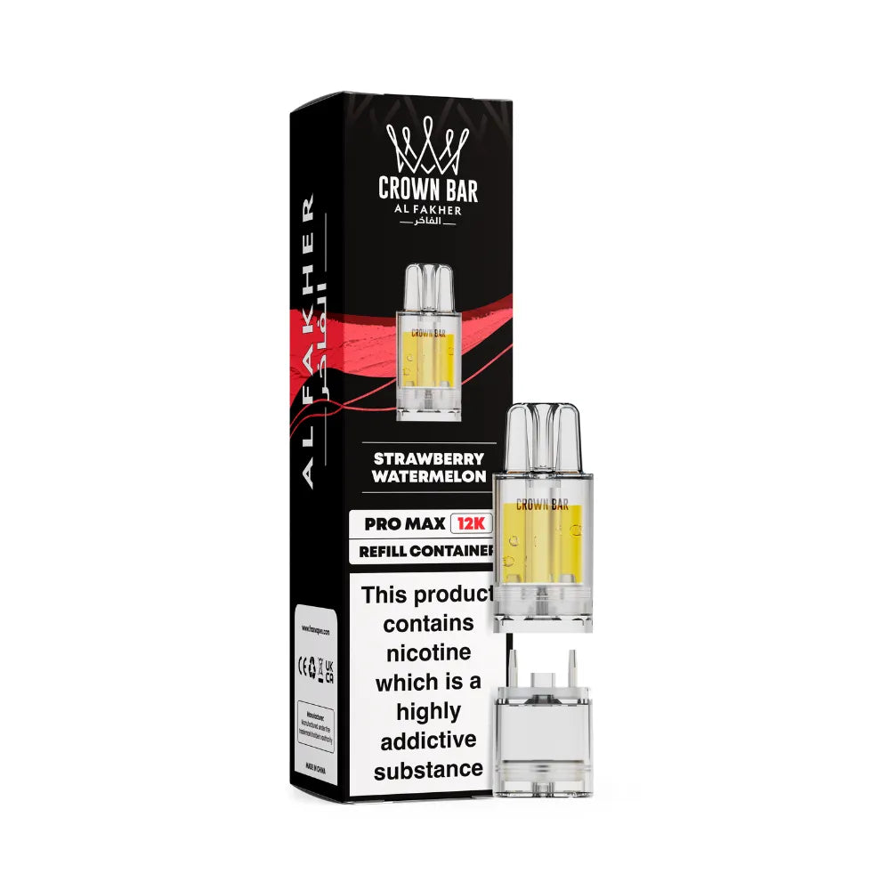 Al Fakher Crown Bar strawberry watermelon vape refills with packaging on a white background