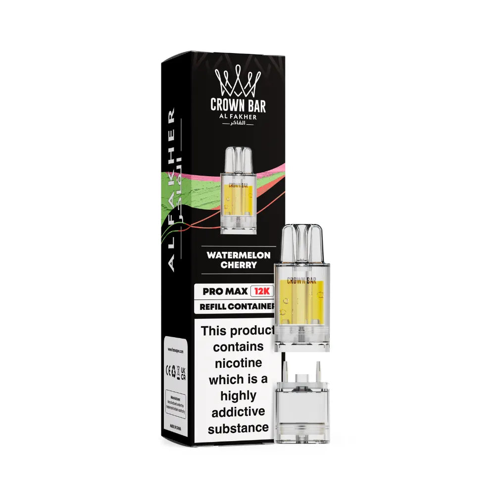 Alfakher Crown Bar vape refills watermelon cherry with packaging on a white background