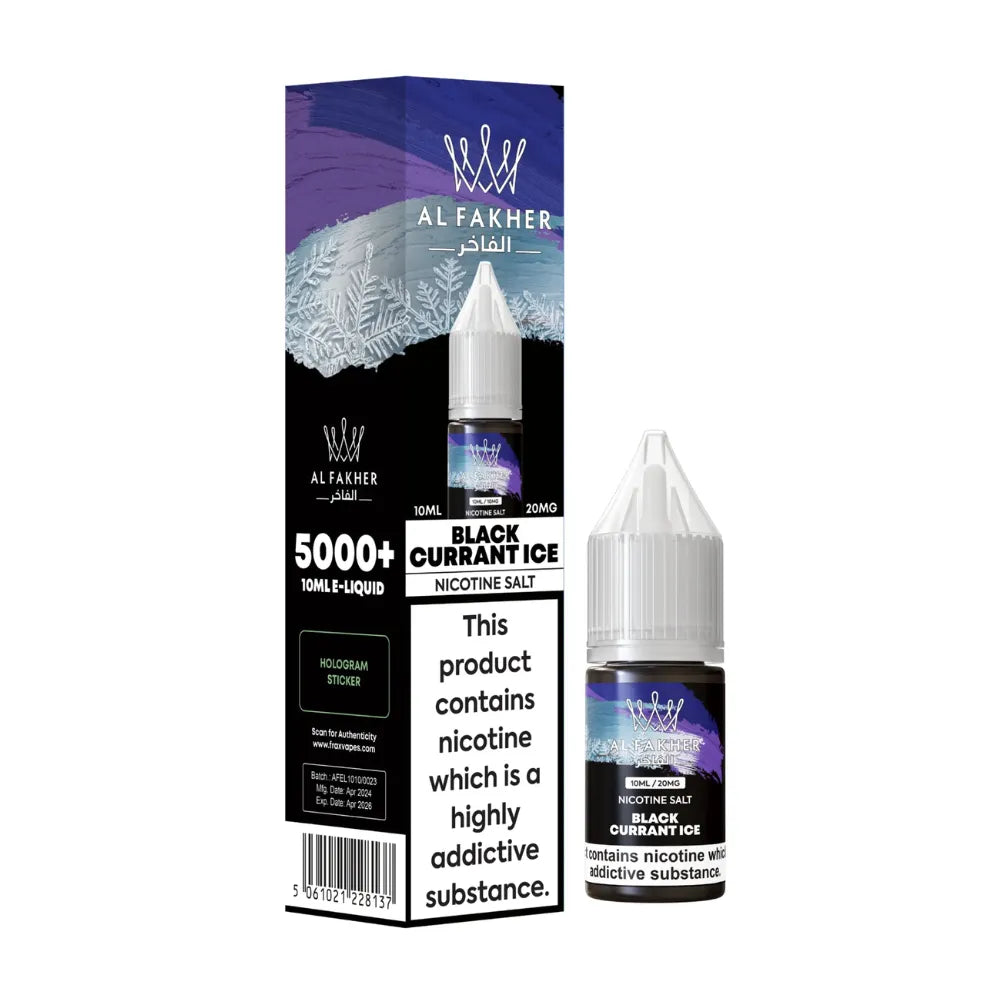 Al Fakher Blackcurrant ice e-liquid packaging with bottle on a white background