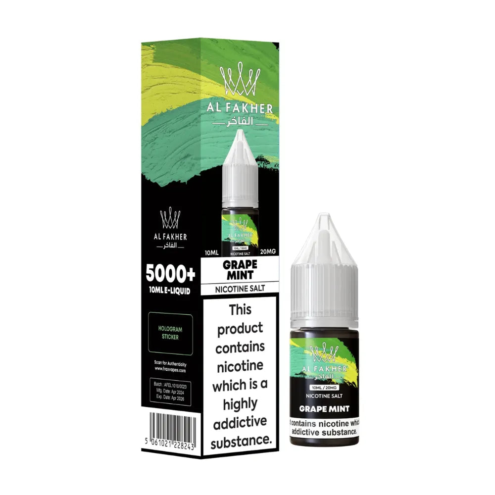 Al Fakher grape mint e-liquid packaging and bottle on a white background