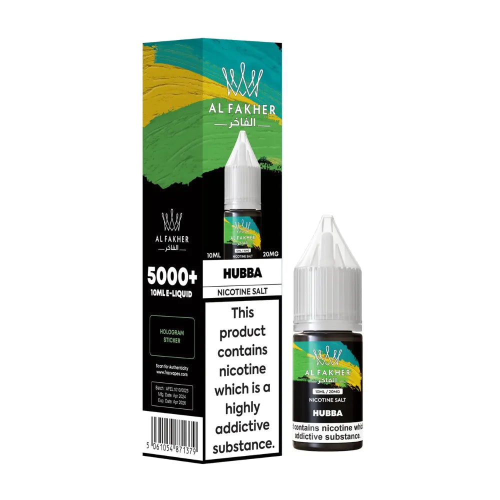 Al Fakher e-liquid packaging with nicotine warning label on a white background