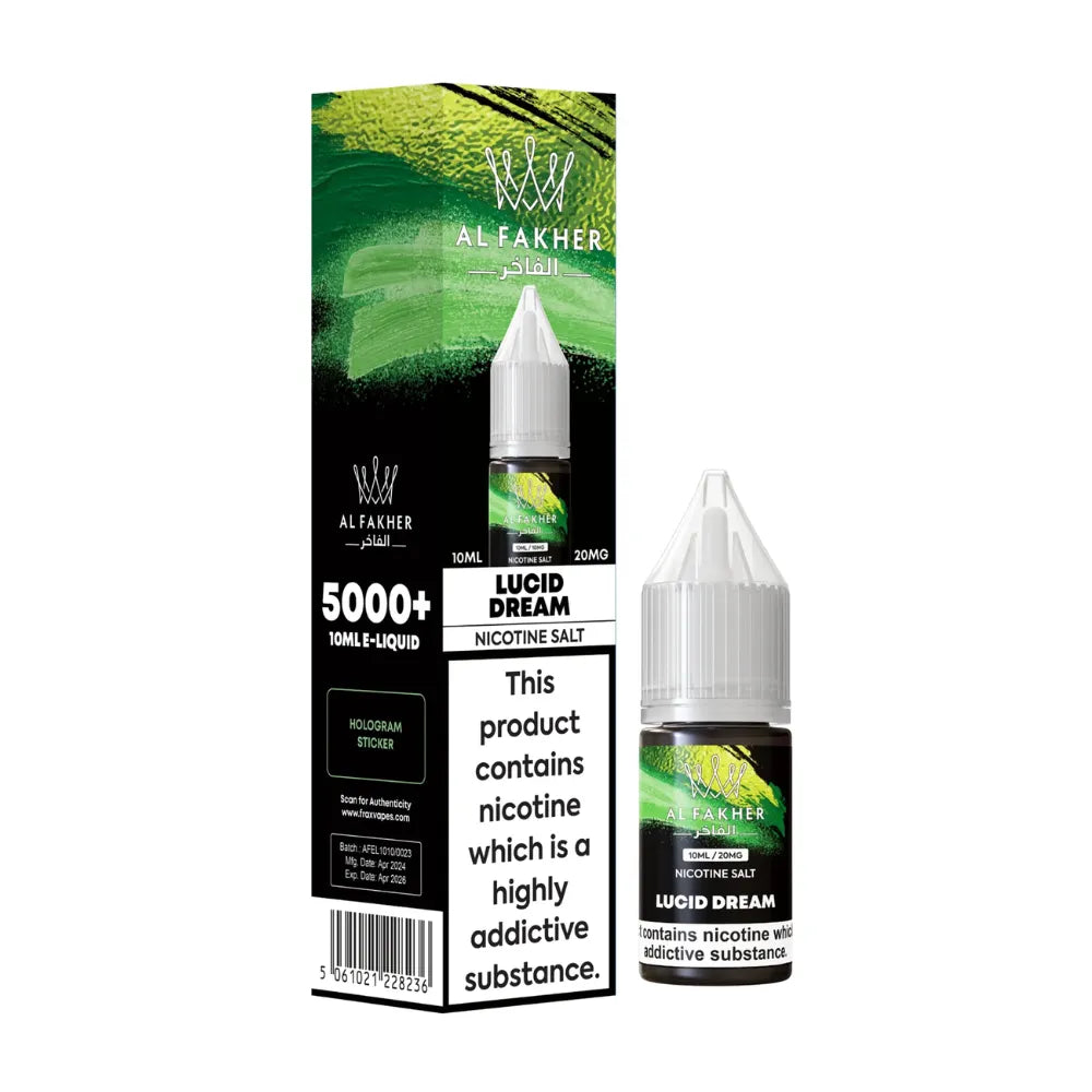 Al Fakher Lucid Dream nicotine salt e-liquid packaging and bottle on a white background