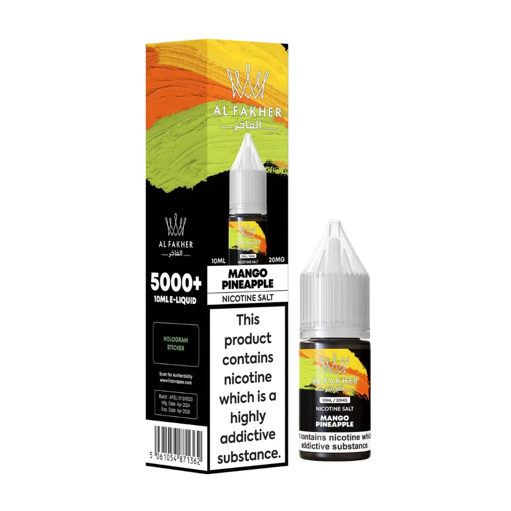 Al Fakher Mango Pineapple nicotine salt e-liquid packaging and bottle on a white background
