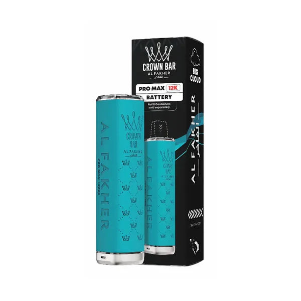 Turquoise battery with 'Al Fakher' branding next to its packaging on a white background
