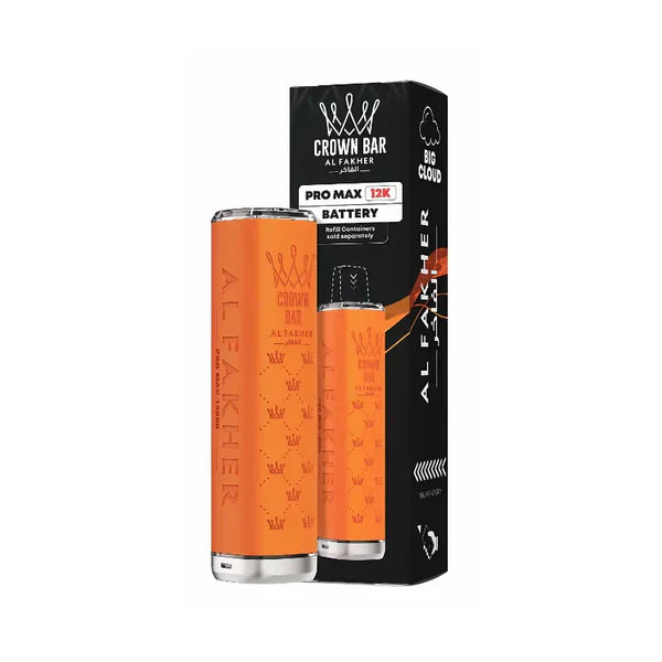 Orange battery with 'Al Fakher' branding next to its packaging on a white background