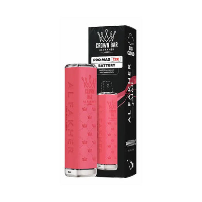 Pink battery with 'Al Fakher' branding next to its packaging on a white background