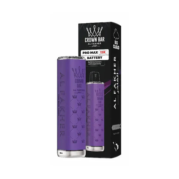 purple battery with 'Al Fakher' branding next to its packaging on a white background