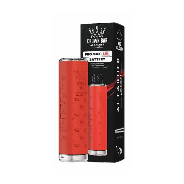 red battery with 'Al Fakher' branding next to its packaging on a white background
