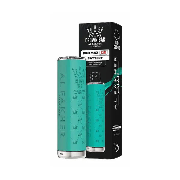 Teal battery with 'Al Fakher' branding next to its packaging on a white background