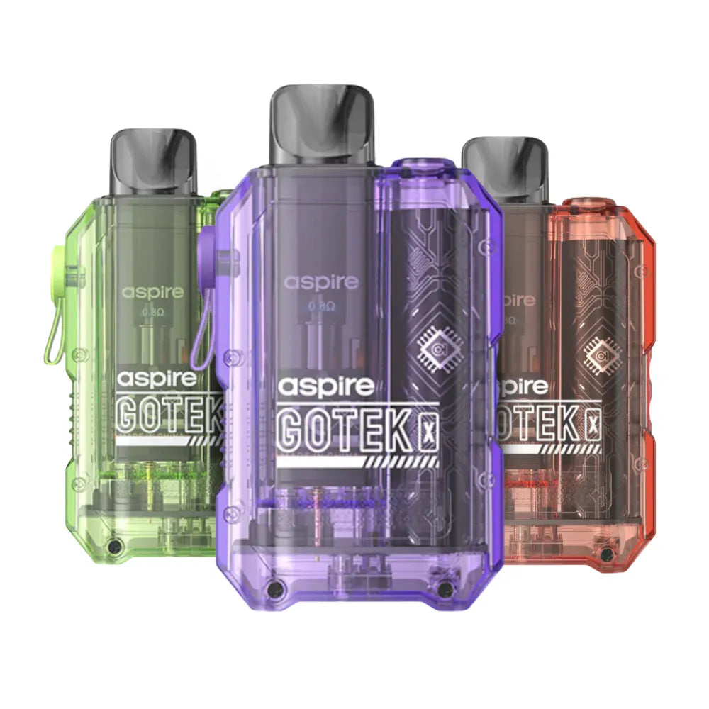 Four Aspire Gotek vape devices in different colors on a white background