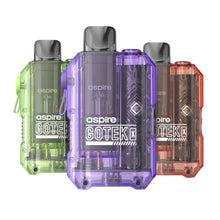 Four Aspire Gotek vape devices in different colors on a white background