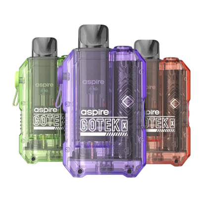 Four Aspire Gotek vape devices in different colors on a white background