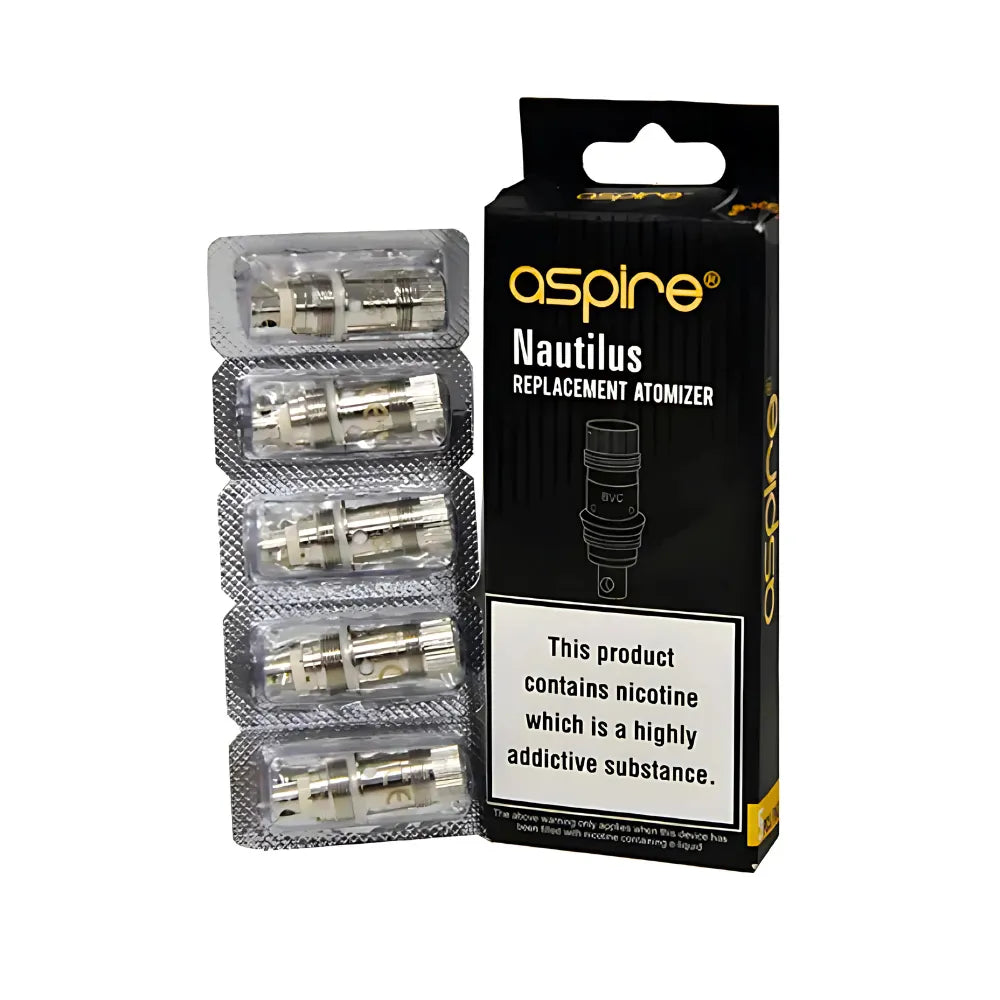 Aspire Nautilus replacement atomizer packaging with clear atomizers inside on a white background