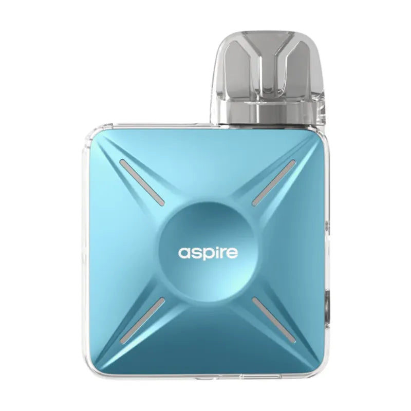 Blue vape device with 'aspire' branding on a white background